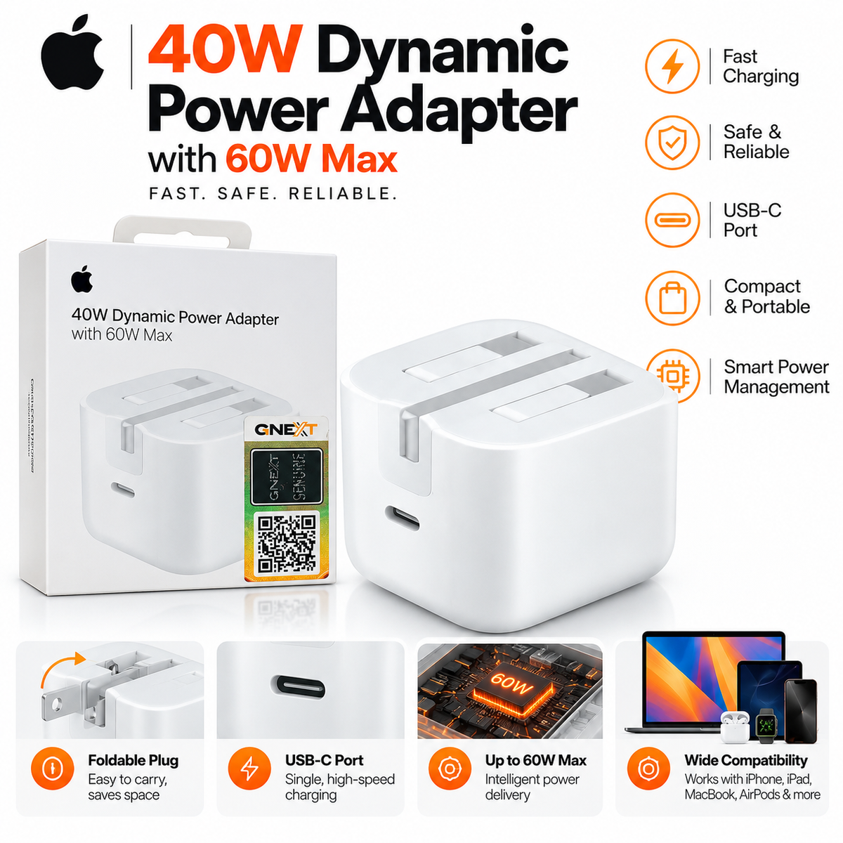 40W Dynamic Fast Charging Power Adapter – 60W Max, 3-Port Wall Charger for iPhone, Samsung & Android Devices