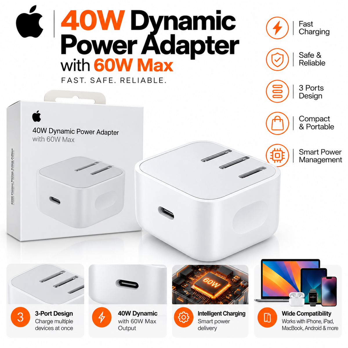 40W Dynamic Fast Charging Power Adapter – 60W Max Output, Dual Port USB-C Wall Charger