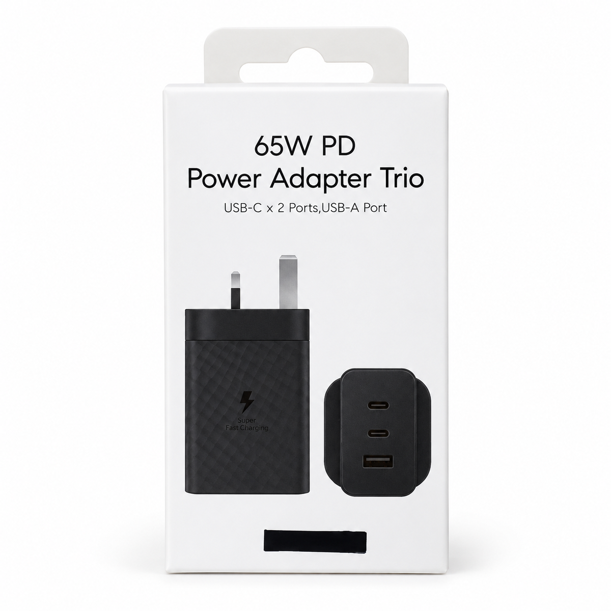 65W PD Power Adapter Trio – Dual USB-C + USB-A Fast Charger
