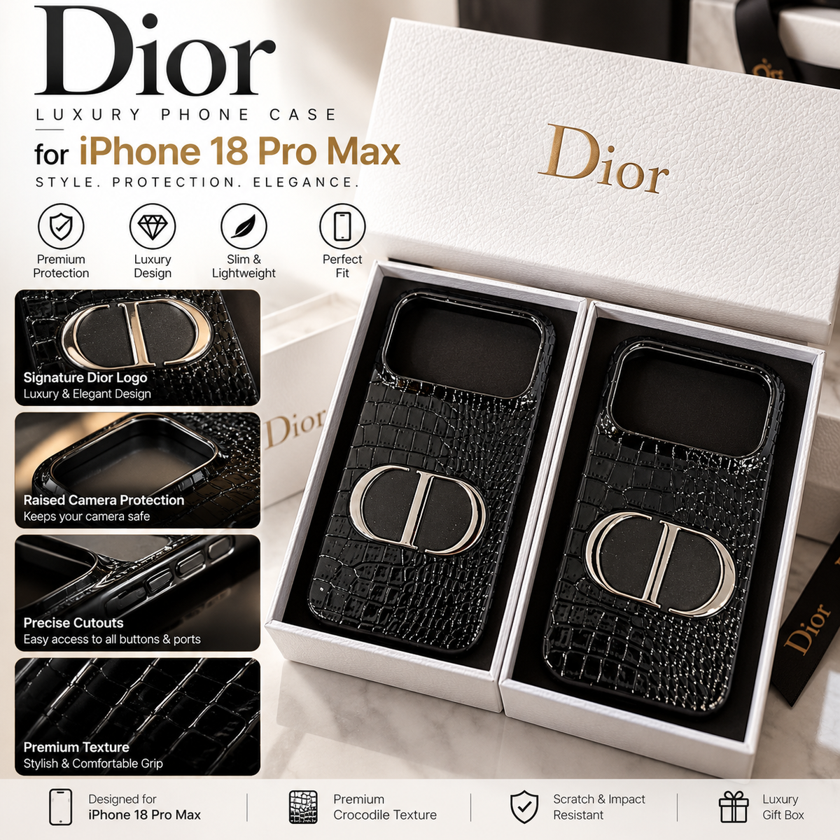 Dior CD Logo Luxury Crocodile Texture Phone Case for iPhone 18 Pro Max