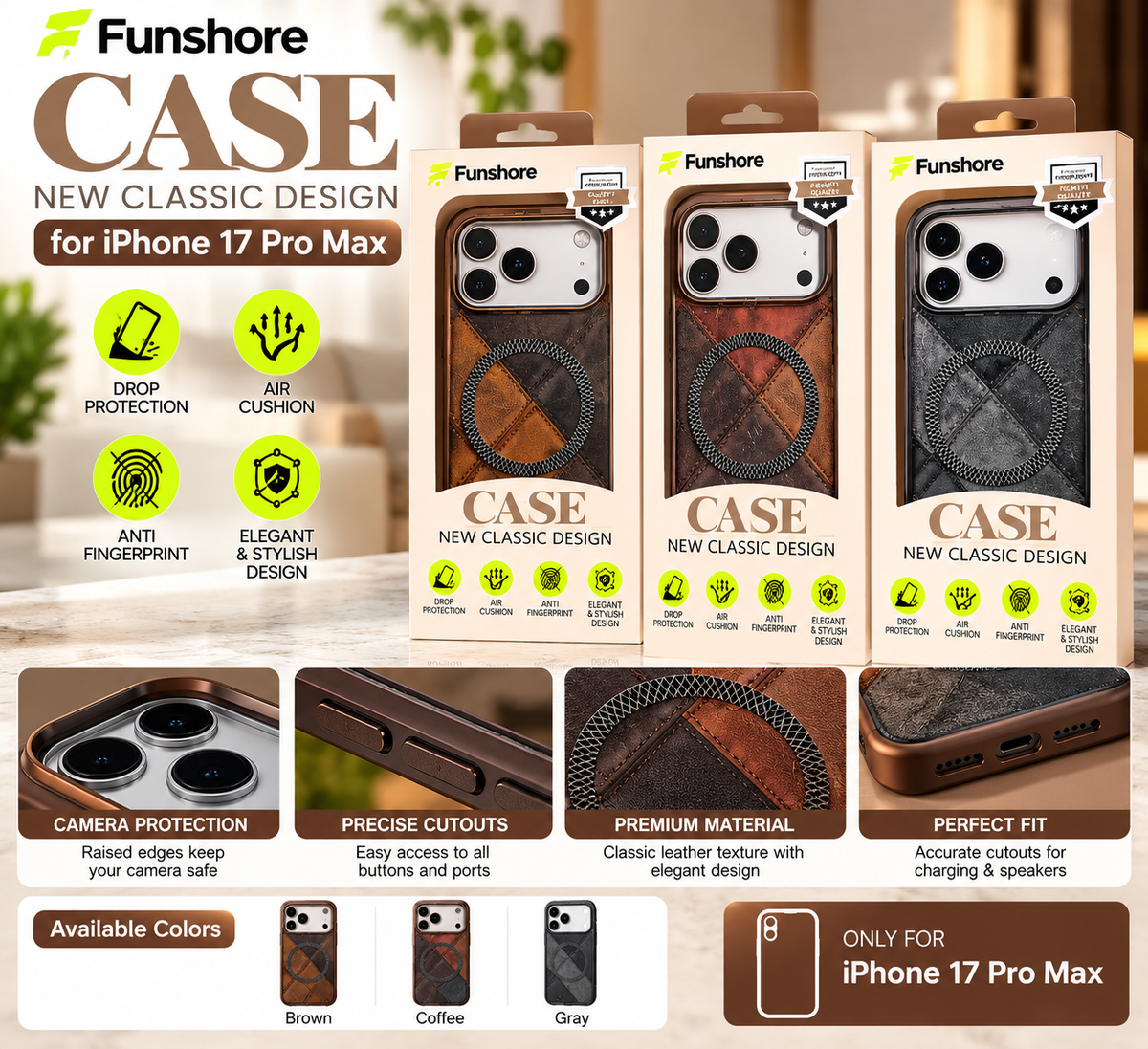 Funshore Luxury Leather Texture Case for iPhone 17 Pro Max – Premium Magnetic Ring Protective Cover with Classic Patchwork Design | 3 Colors