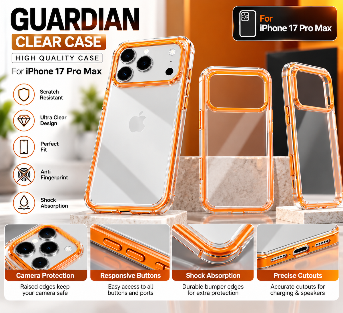 GUARDIAN Premium Crystal Clear Protective Case for iPhone 17 Pro Max