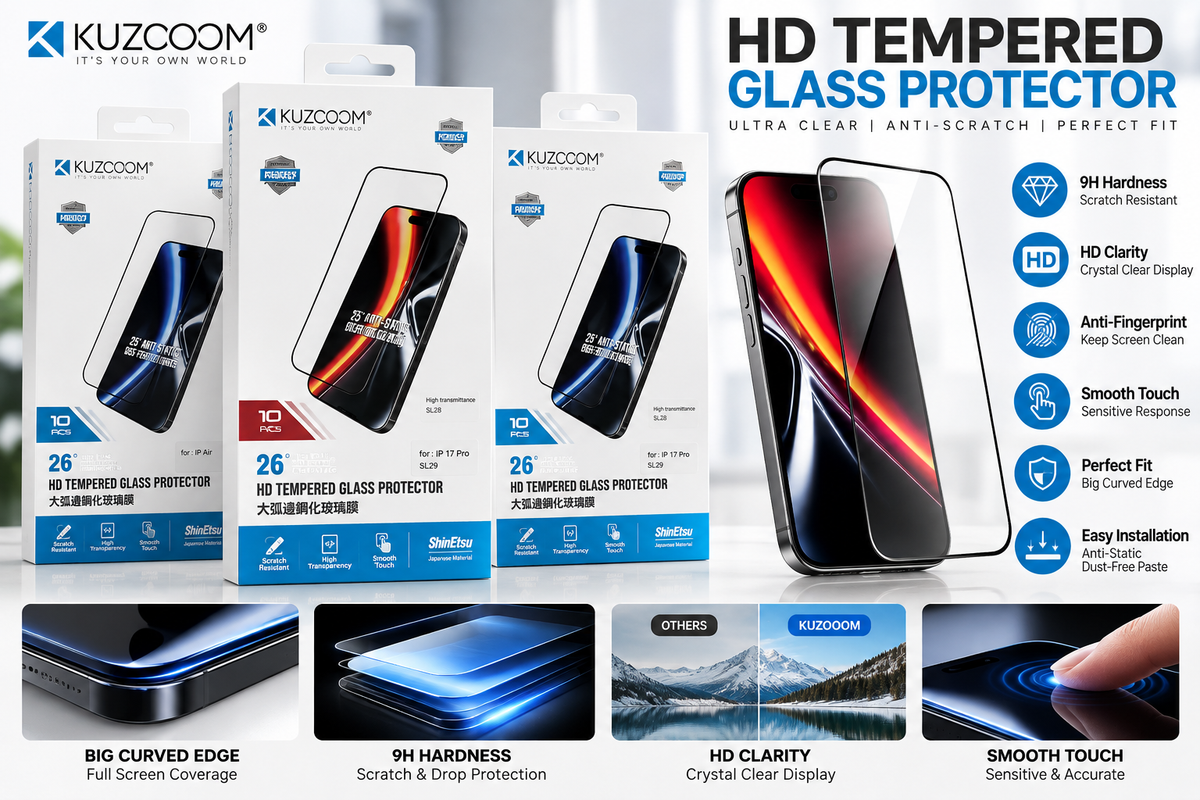 KUZOOOM HD Tempered Glass Screen Protector for iPhone 17 Pro – 9H Hardness, Anti-Scratch, Full Coverage & Crystal Clear Display