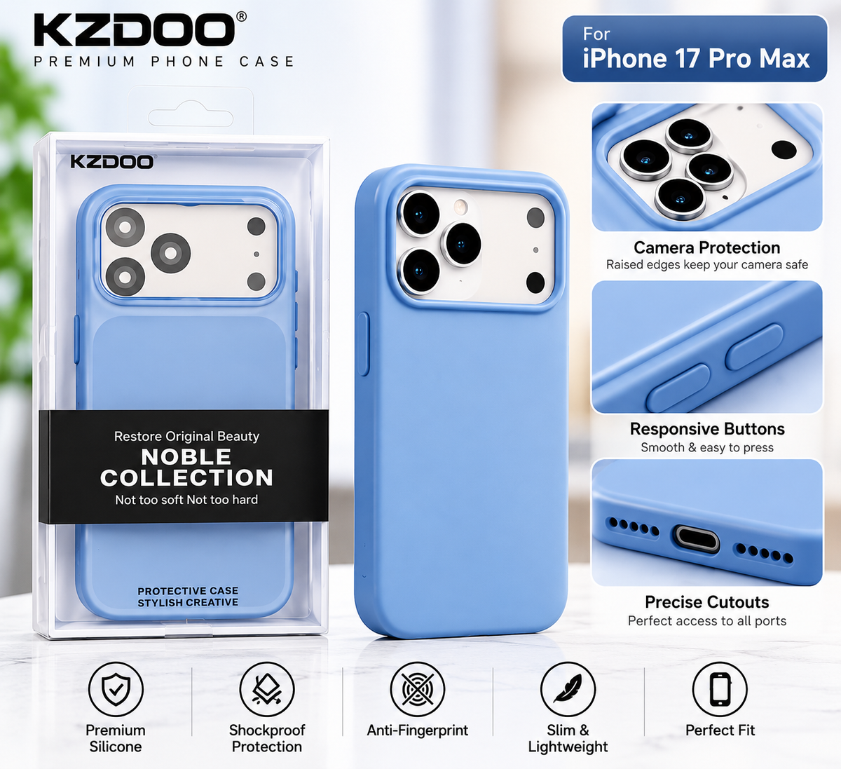KZDOO Noble Collection Premium Silicone Case – Slim Fit, Shockproof Protection & Camera Guard | Sky Blue