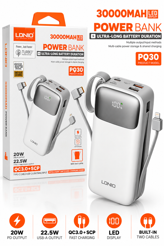 LDNIO PQ30 30,000mAh Power Bank – 22.5W Fast Charging with Built-In Cables & LED Display