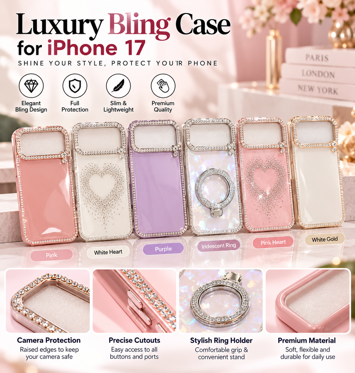 Luxury Bling Diamond Case for iPhone 17 – Glitter Rhinestone Protective Cover with Heart Design & Ring Holder | Multiple Colors