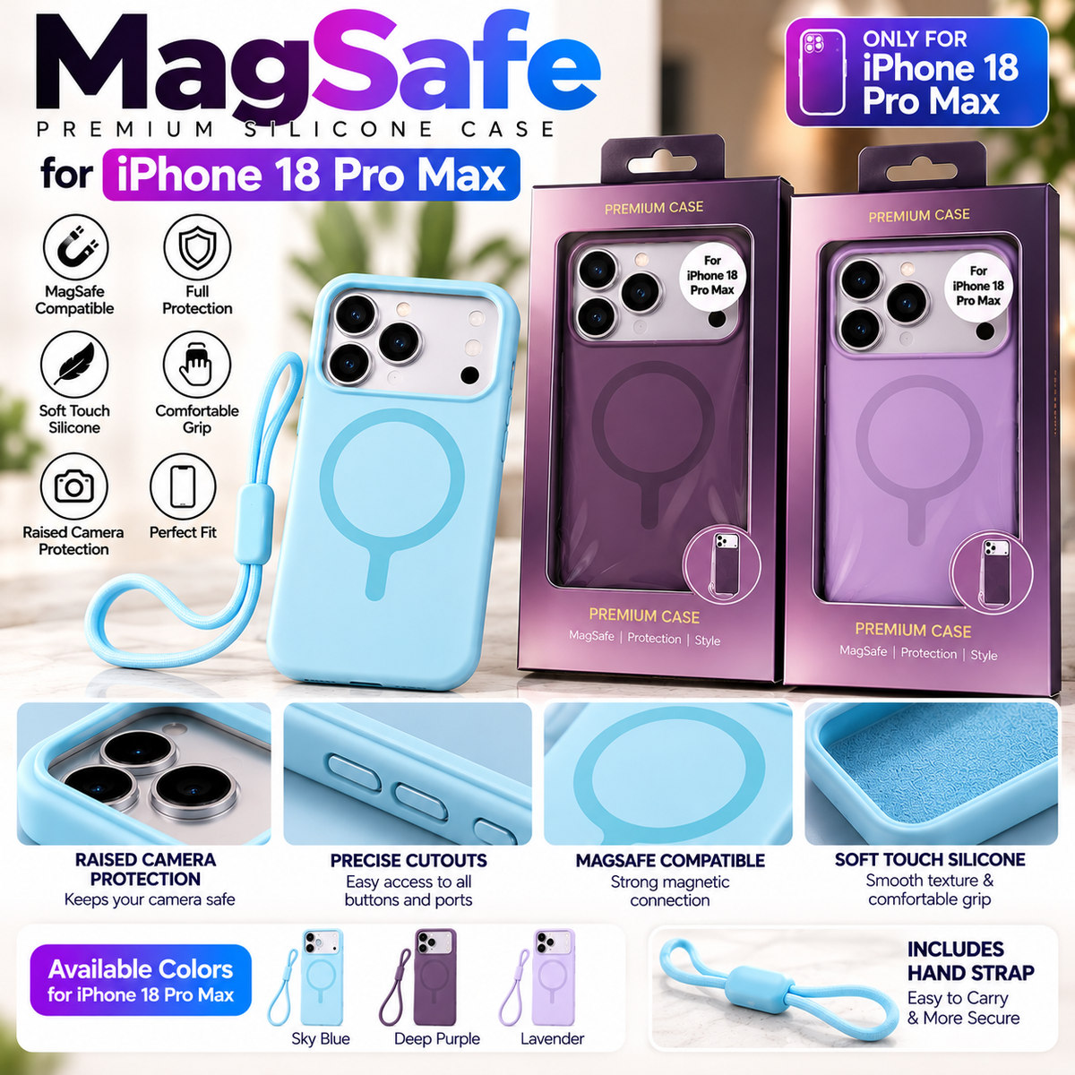 Premium MagSafe Silicone Case for iPhone 18 Pro Max – Soft Touch Magnetic Protective Cover with Camera Protection & Hand Strap | 3 Colors