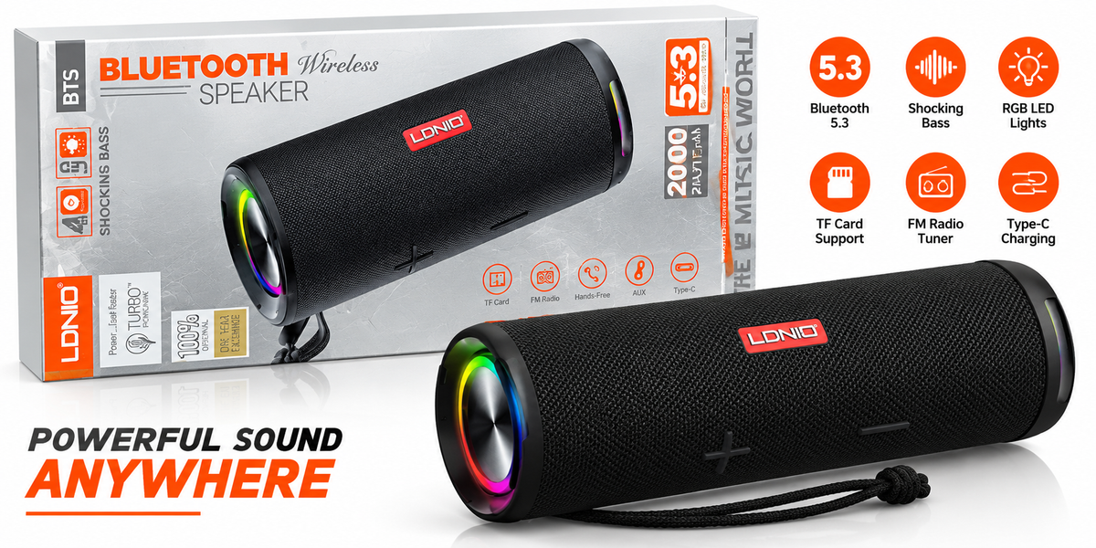 LDNIO Bluetooth 5.3 Wireless Speaker – Powerful Bass, RGB Lights & 2000mAh Battery