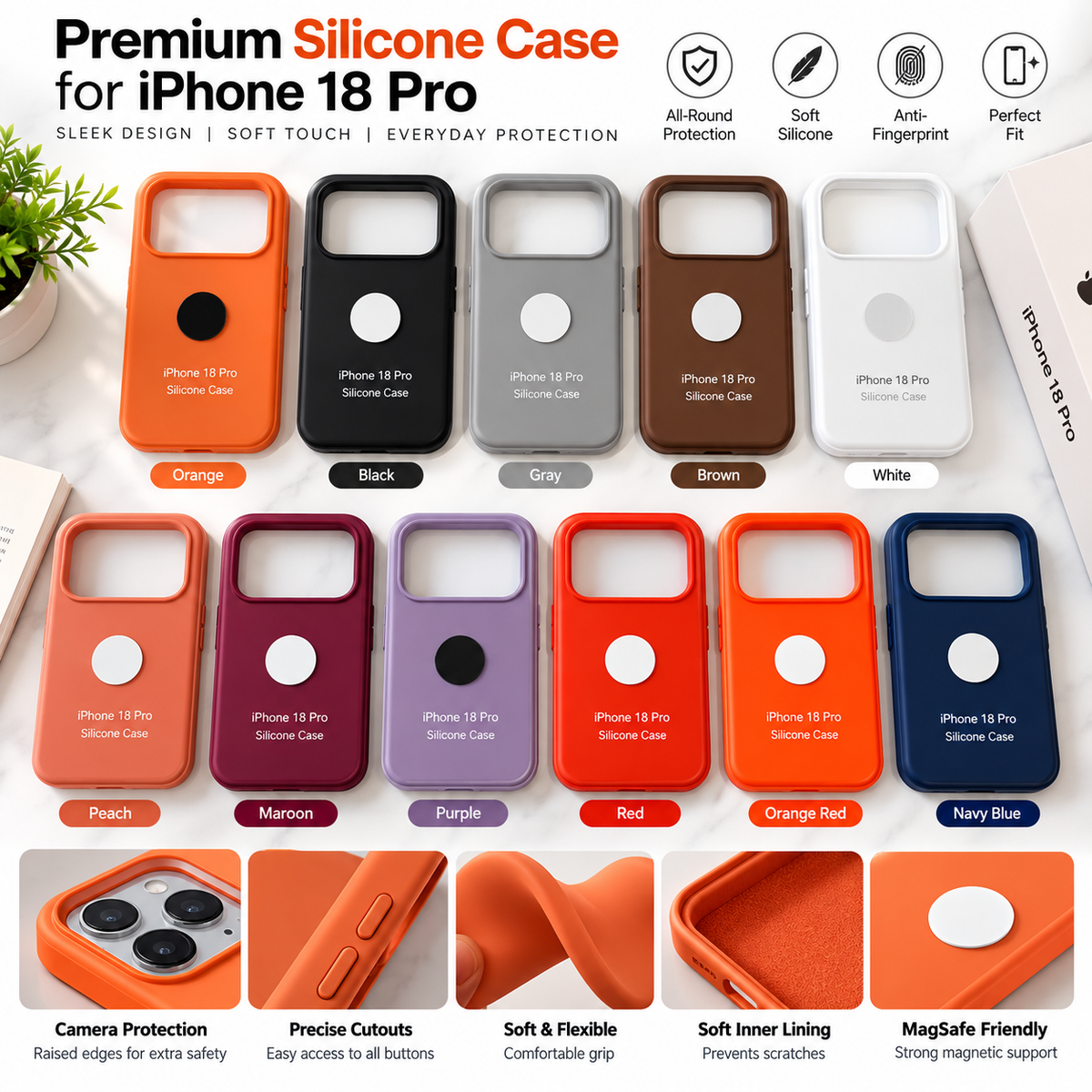 Premium Silicone Case for iPhone 18 Pro – Soft Touch Protective Cover with Camera Protection | Multiple Colors