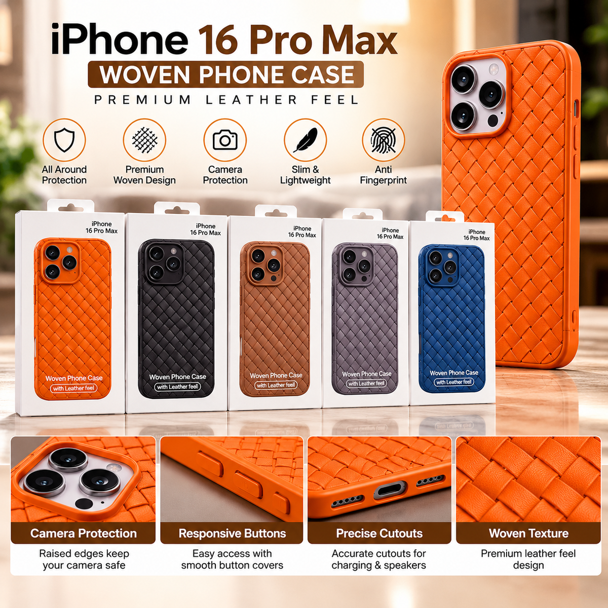 Premium Woven Leather Feel Case for iPhone 16 Pro Max – Luxury Textured Protective Cover with Camera Protection | Multiple Colors