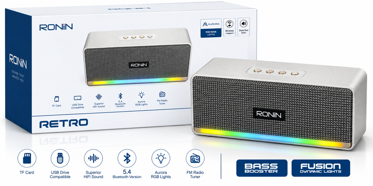 Ronin Retro Bluetooth Speaker – Bluetooth 5.4, RGB Lights & Bass Booster