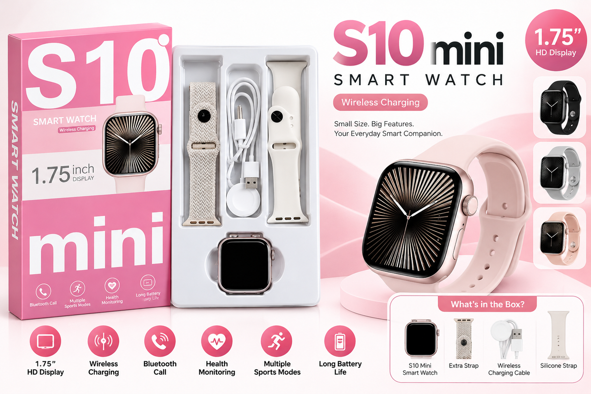 S10 Mini Smart Watch – 1.75" Display, Wireless Charging, Bluetooth Calling & Dual Straps