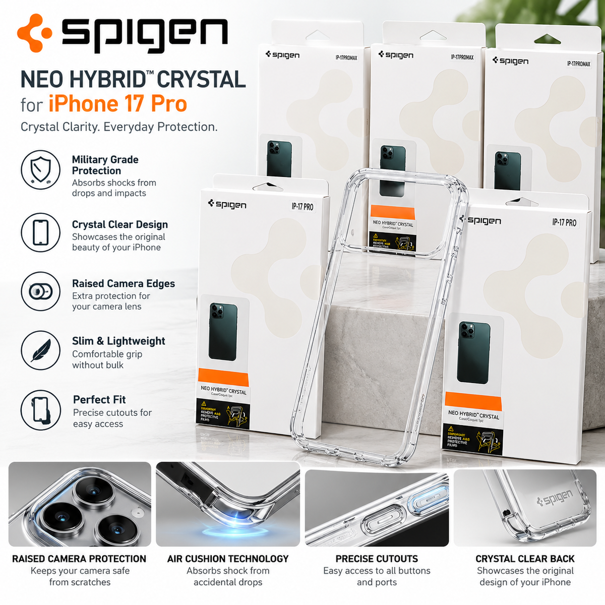 Spigen Neo Hybrid Crystal Clear Protective Case for iPhone 17 Pro