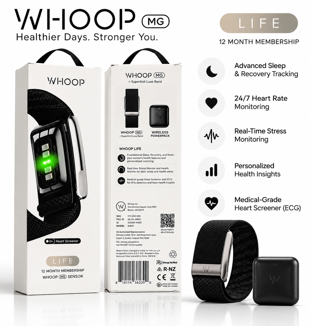 WHOOP MG Life – Advanced Health, Sleep & Recovery Fitness Tracker with ECG + Wireless PowerPack