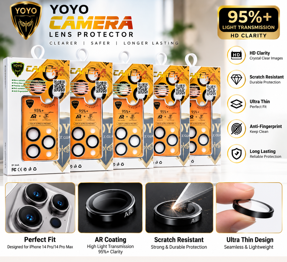 YOYO Premium Camera Lens Protector for iPhone 14 Pro / 14 Pro Max – 95%+ HD Clarity, Anti-Scratch & AR Coating