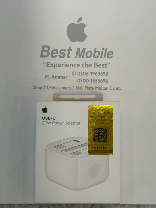 Apple 20W USB-C Power Adapter, sealed box with mercantile Apple Authorised Distributor Pakistan sticker, at Best Mobile